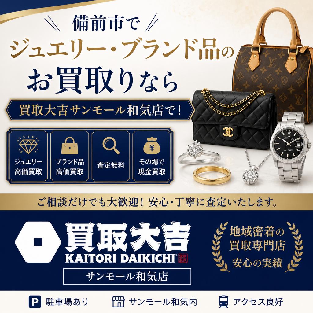 備前市でジュエリー・ブランド品のお買取りなら買取大吉サンモール和気店で！
