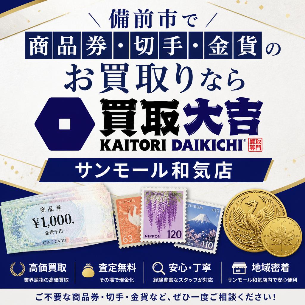 備前市で商品券・切手・金貨のお買取りなら買取大吉サンモール和気店！