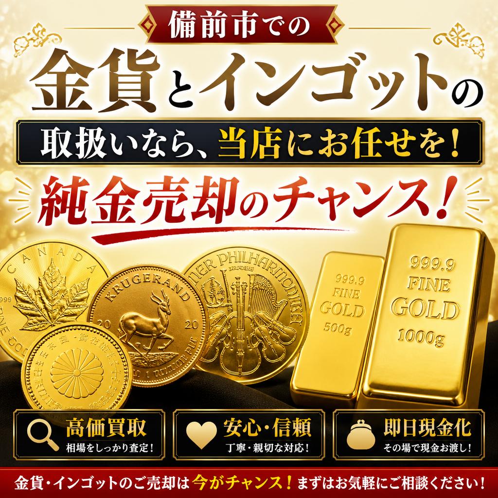 備前市での金貨とインゴットの取扱いなら、当店にお任せを！純金売却のチャンス！
